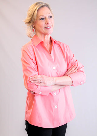 Foxcroft Paityn Wrinkle-Free Cotton Blouse – Coral Reef side view - Fashion Crossroads Inc.