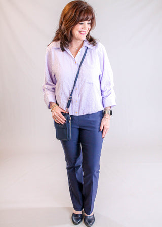 Democracy Bubble Hem Top modeled view - Fashion Crossroads Inc.