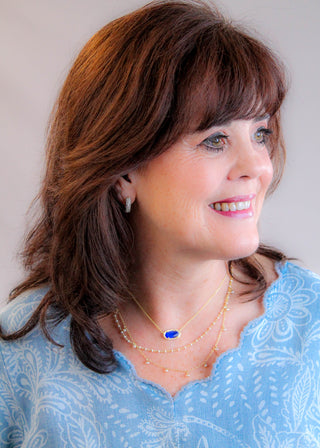 Elisa Necklace With Blue Cobalt Cat's Eye modeled view - Fashion Crossroads Inc.