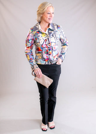 Adore Clothing Picasso Inspired Stretch Jacket in Tan Multi Print styled  - Fashion Crossroads Inc.