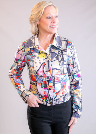 Adore Clothing Picasso Inspired Stretch Jacket in Tan Multi Print front  - Fashion Crossroads Inc.