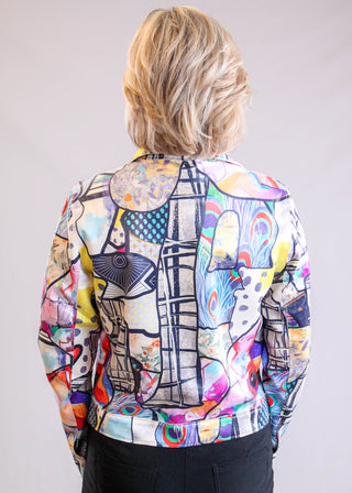 Adore Clothing Picasso Inspired Stretch Jacket in Tan Multi Print back - Fashion Crossroads Inc.