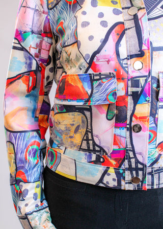 Adore Clothing Picasso Inspired Stretch Jacket in Tan Multi Print detail  - Fashion Crossroads Inc.