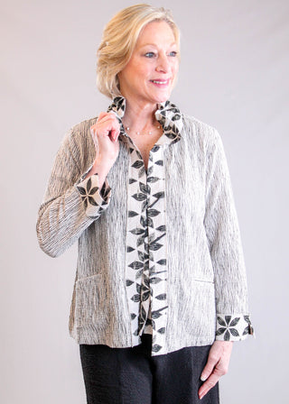 Habitat Luna Crinkle Crepe Jacket with Wired Collar in Tan Multi front view - Fashion Crossroads Inc