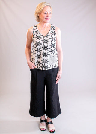 Habitat Crinkle Crepe Pleat Neck Tank with Print Pocket in Tan Multi styled - Fashion Crossroads Inc