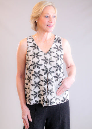 Habitat Crinkle Crepe Pleat Neck Tank with Print Pocket in Tan Multi front view - Fashion Crossroads