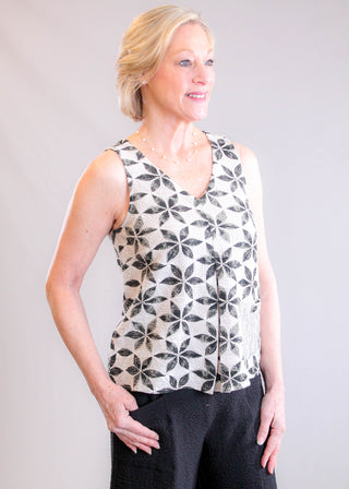 Habitat Crinkle Crepe Pleat Neck Tank with Print Pocket in Tan Multi side- Fashion Crossroads Inc