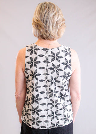 Habitat Crinkle Crepe Pleat Neck Tank with Print Pocket in Tan Multi back - Fashion Crossroads Inc