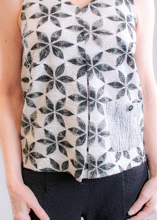 Habitat Crinkle Crepe Pleat Neck Tank with Print Pocket in Tan Multi detail - Fashion Crossroads Inc