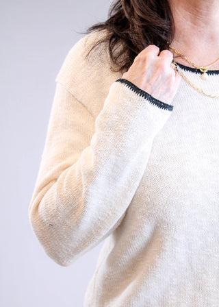 Avalin 100% Cotton Crew Neck Sweater with Black Piping in Cream sleeve view- Fashion Crossroads Inc.