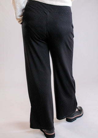 Habitat Core Travel Knit Pleated Wide Leg Pant in Black back view - Fashion Crossroads Inc.