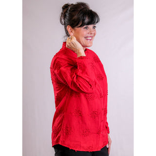 Tribal Sportswear Button Front Blouse with Long Sleeves side view - Fashion Crossroads Inc.