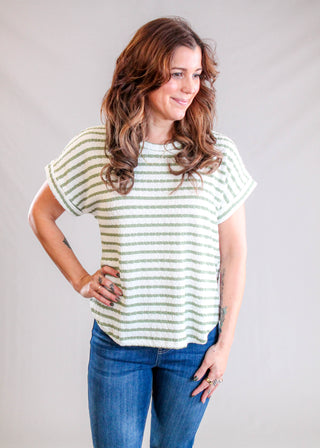 J.O.A Textured Striped Tee with Rolled Sleeves