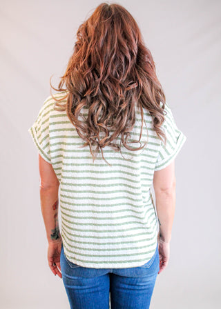 J.O.A Textured Striped Tee with Rolled Sleeves