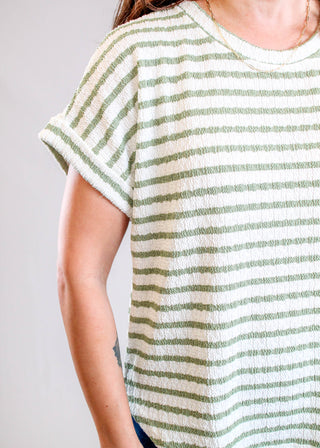 J.O.A Textured Striped Tee with Rolled Sleeves