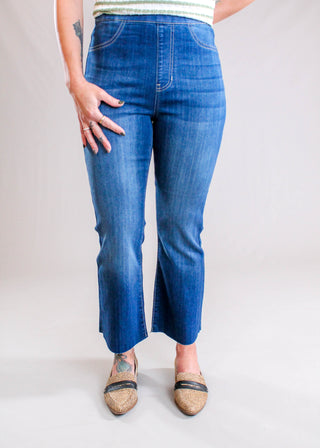 Cello Dark Denim Pull-On Cropped Flare Jeans with Raw Hem