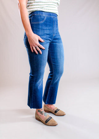 Cello Dark Denim Pull-On Cropped Flare Jeans with Raw Hem