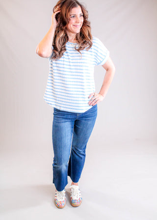 J.O.A Textured Striped Tee with Rolled Sleeves