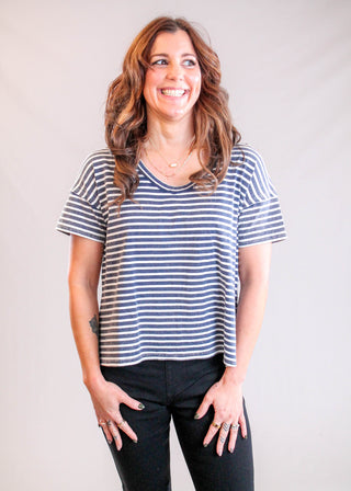 J.O.A Textured Striped Tee with Rolled Sleeves