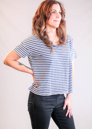 J.O.A Textured Striped Tee with Rolled Sleeves