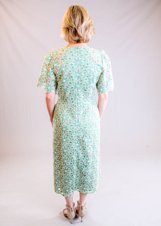 Scalloped Sleeve Lace Dress Model View - Fashion Crossroads Inc