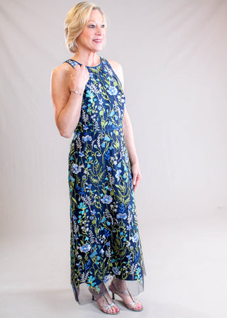 Embroidered Mesh Halter Dress Side View - Fashion Crossroads Inc