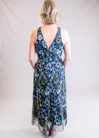Embroidered Mesh Halter Dress Back View - Fashion Crossroads Inc