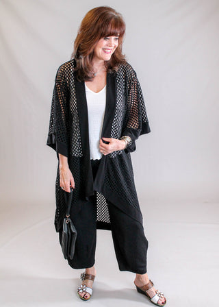 Sympli Honeycomb Kimono in Black Mesh Layering Jacket Model View - Fashion Crossroads Inc