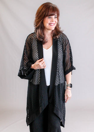 Sympli Honeycomb Kimono in Black Mesh Layering Jacket Front View - Fashion Crossroads Inc