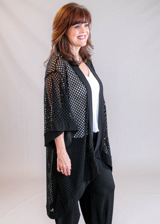 Sympli Honeycomb Kimono in Black Mesh Layering Jacket Side View - Fashion Crossroads Inc