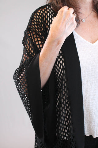 Sympli Honeycomb Kimono in Black Mesh Layering Jacket Detail View - Fashion Crossroads Inc