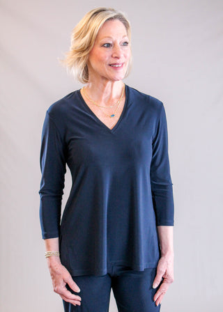 Sympli Go To Narrow V Neck 3/4 Sleeve Top Front View - Fashion Crossroads Inc