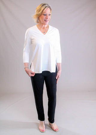 Sympli Go To Narrow V Neck 3/4 Sleeve Top Model View - Fashion Crossroads Inc
