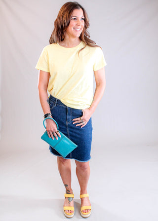 Dylan Short Sleeve Modern Crew Neck Cotton Tee Lemon styled view- Fashion Crossroads Inc.