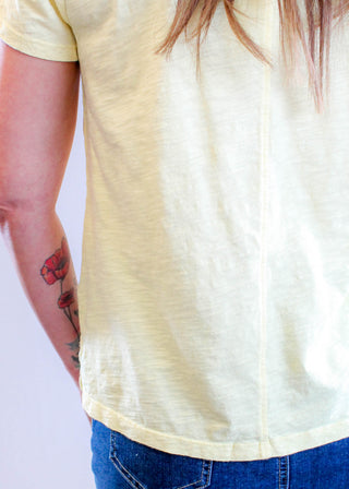 Dylan Short Sleeve Modern Crew Neck Cotton Tee Lemon detail view- Fashion Crossroads Inc.