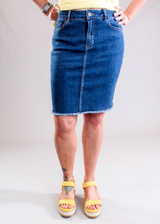 Charlie B Denim Skirt with Shorts for Work and Casual Style front view - Fashion Crossroads Inc.