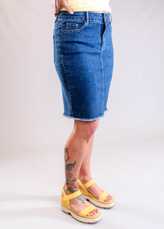 Charlie B Denim Skirt with Shorts for Work and Casual Style side view - Fashion Crossroads Inc.