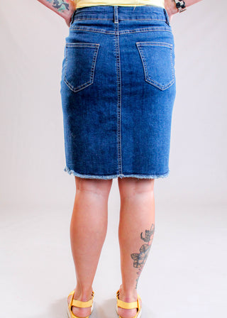 Charlie B Denim Skirt with Shorts for Work and Casual Style back view - Fashion Crossroads Inc.