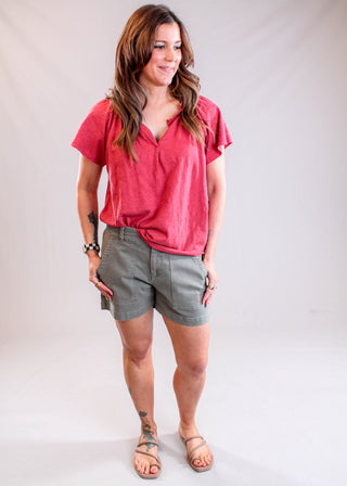 Dylan Ryder Twill Shorts with Pockets Olive modeled view - Fashion Crossroads Inc. 