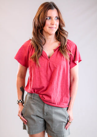Dylan Ryder Twill Shorts with Pockets Olive styled front view - Fashion Crossroads Inc. 