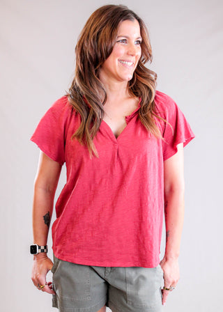 Dylan Ruffled Split V Neck Short Sleeve Cotton Top Dark Red front view - Fashion Crossroads Inc.
