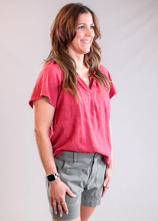 Dylan Ruffled Split V Neck Short Sleeve Cotton Top Dark Red side view - Fashion Crossroads Inc.