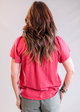 Dylan Ruffled Split V Neck Short Sleeve Cotton Top Dark Red back view - Fashion Crossroads Inc.