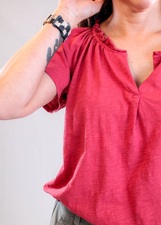 Dylan Ruffled Split V Neck Short Sleeve Cotton Top Dark Red detail view - Fashion Crossroads Inc.