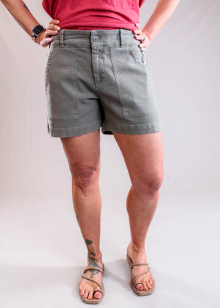 Dylan Ryder Twill Shorts with Pockets Olive front view - Fashion Crossroads Inc. 
