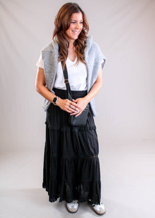 Nostalgia Maxi Skirt with Eyelet Detail and Front Side Slit styled view - Fashion Crossroads Inc.