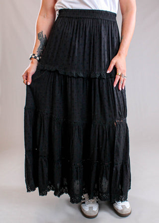 Nostalgia Maxi Skirt with Eyelet Detail and Front Side Slit front view - Fashion Crossroads Inc.