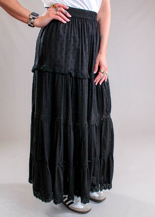 Nostalgia Maxi Skirt with Eyelet Detail and Front Side Slit side view - Fashion Crossroads Inc.