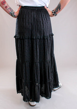 Nostalgia Maxi Skirt with Eyelet Detail and Front Side Slit back view - Fashion Crossroads Inc.