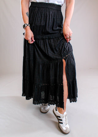 Nostalgia Maxi Skirt with Eyelet Detail and Front Side Slit view - Fashion Crossroads Inc.